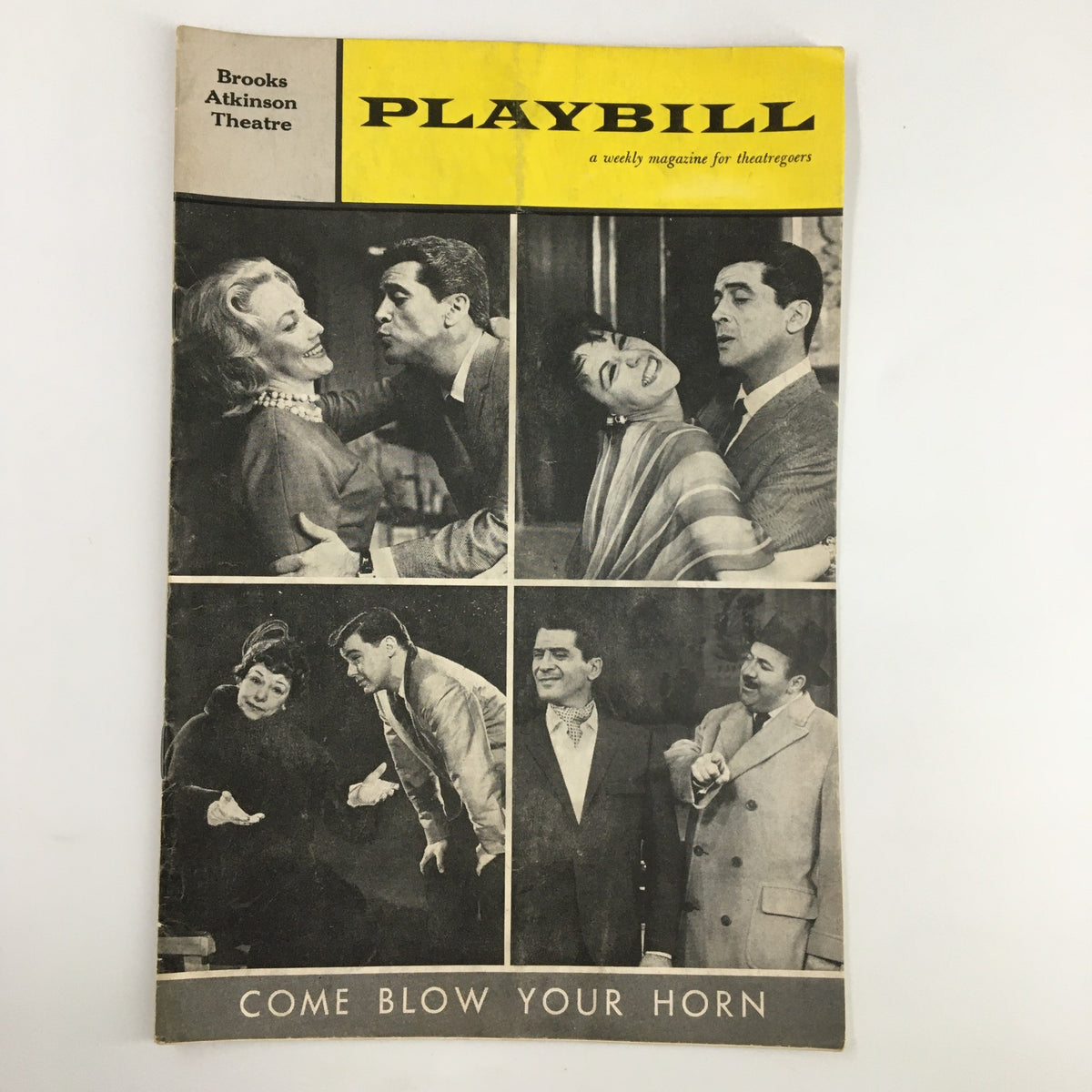 1961 Playbill for Come Blow Your Horn by Neil Simon from Brooks Atkinson Theatre featuring a collage of scenes from the production.