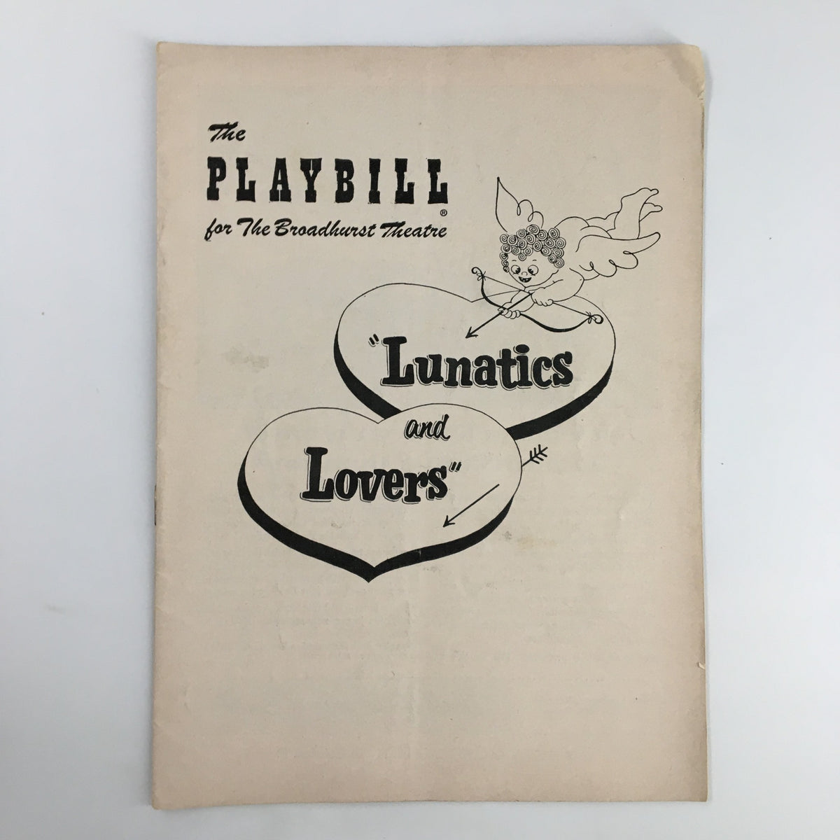 1955 Playbill for 'Lunatics and Lovers' at The Broadhurst Theatre featuring playful cover art with hearts and a cherub.