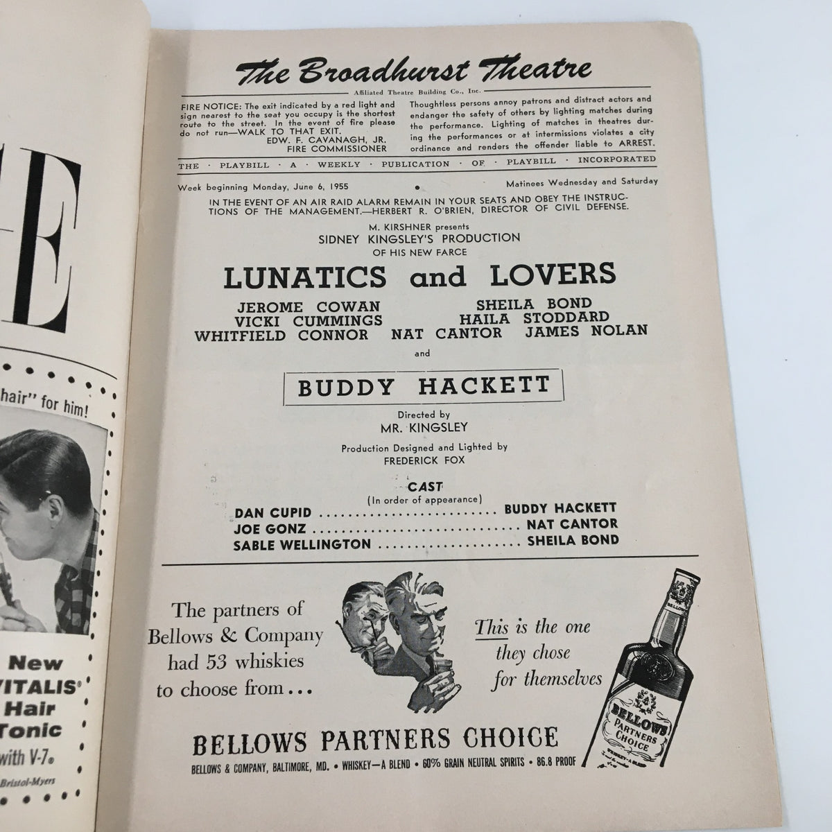 Inside view of the 1955 Playbill for 'Lunatics and Lovers' at The Broadhurst Theatre, listing the cast including Buddy Hackett and Jerome Cowan.