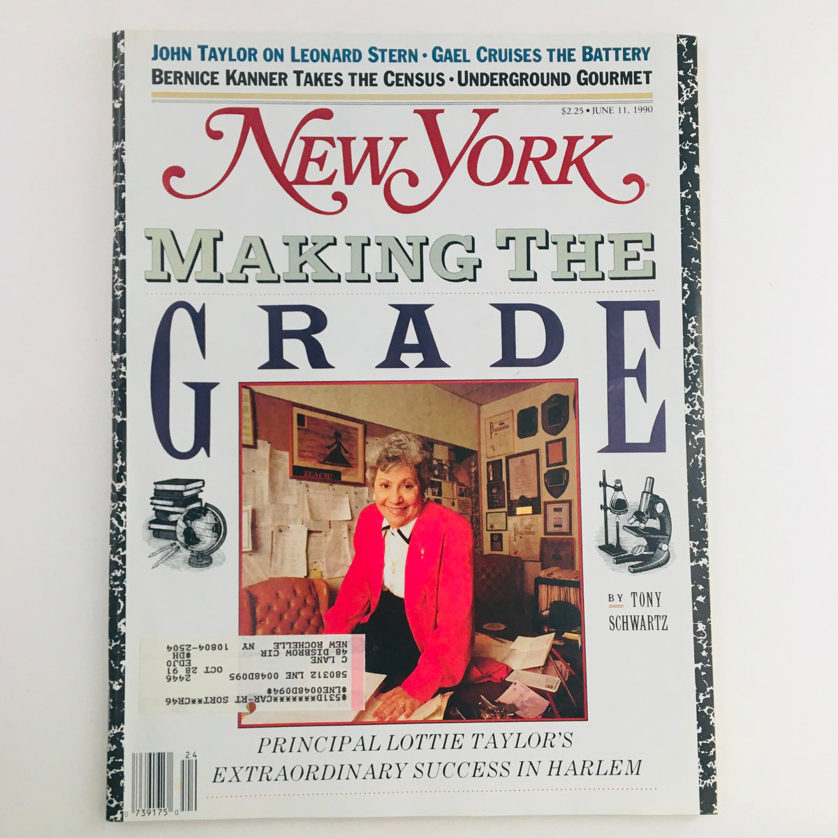 Cover of New York Magazine from June 11, 1990 featuring the title 'Making the Grade' and an article on Principal Lotte Taylor's Success in Harlem. The cover showcases a smiling woman in professional attire, with educational elements and text highlighting her achievements.