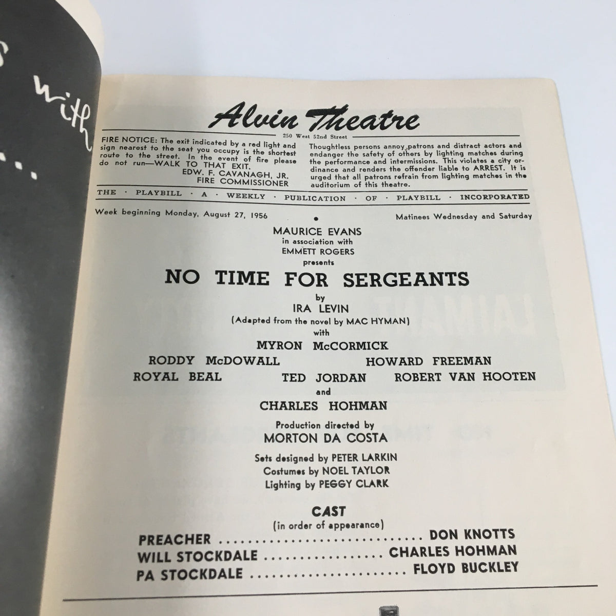 Interior page of the 1956 Playbill for the Alvin Theatre detailing the production of 'No Time for Sergeants' by Ira Levin, including cast and crew information.