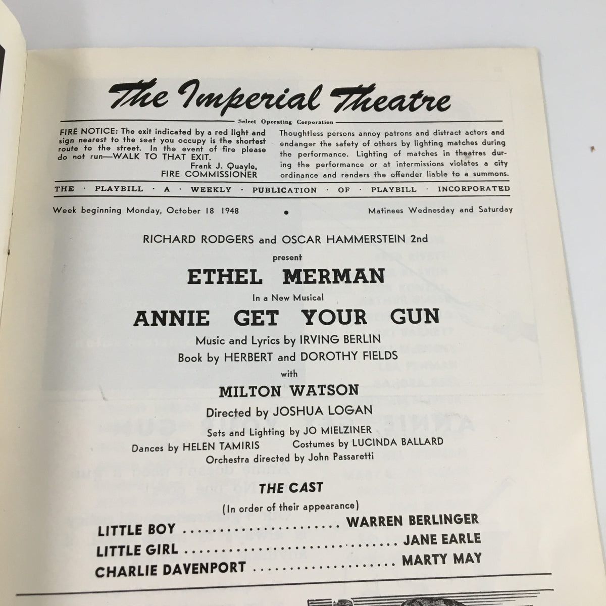 1948 Playbill from The Imperial Theatre, detailing the cast and production team for Ethel Merman in Annie Get Your Gun, highlighting Broadway's historic significance.