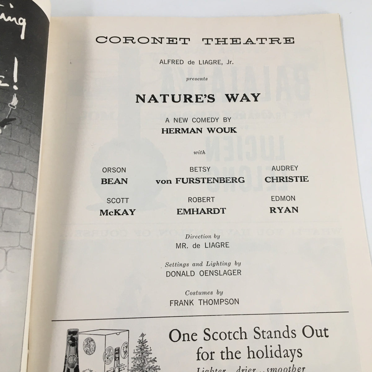 Inside page of the 1957 Playbill from Coronet Theatre featuring the cast of Nature's Way by Herman Wouk, including Orson Bean and Betsy von Furstenberg.