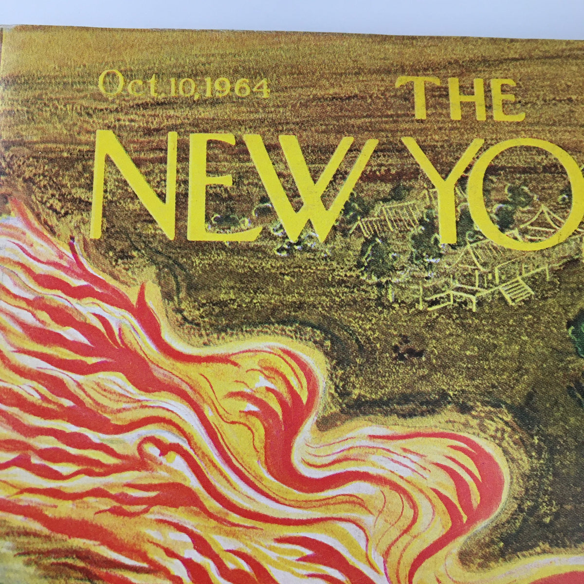 Close-up of the cover of The New Yorker Magazine from October 10, 1964, highlighting the title and intricate artwork by Anatol Kovarsky inspired by the Japanese Olympic theme.