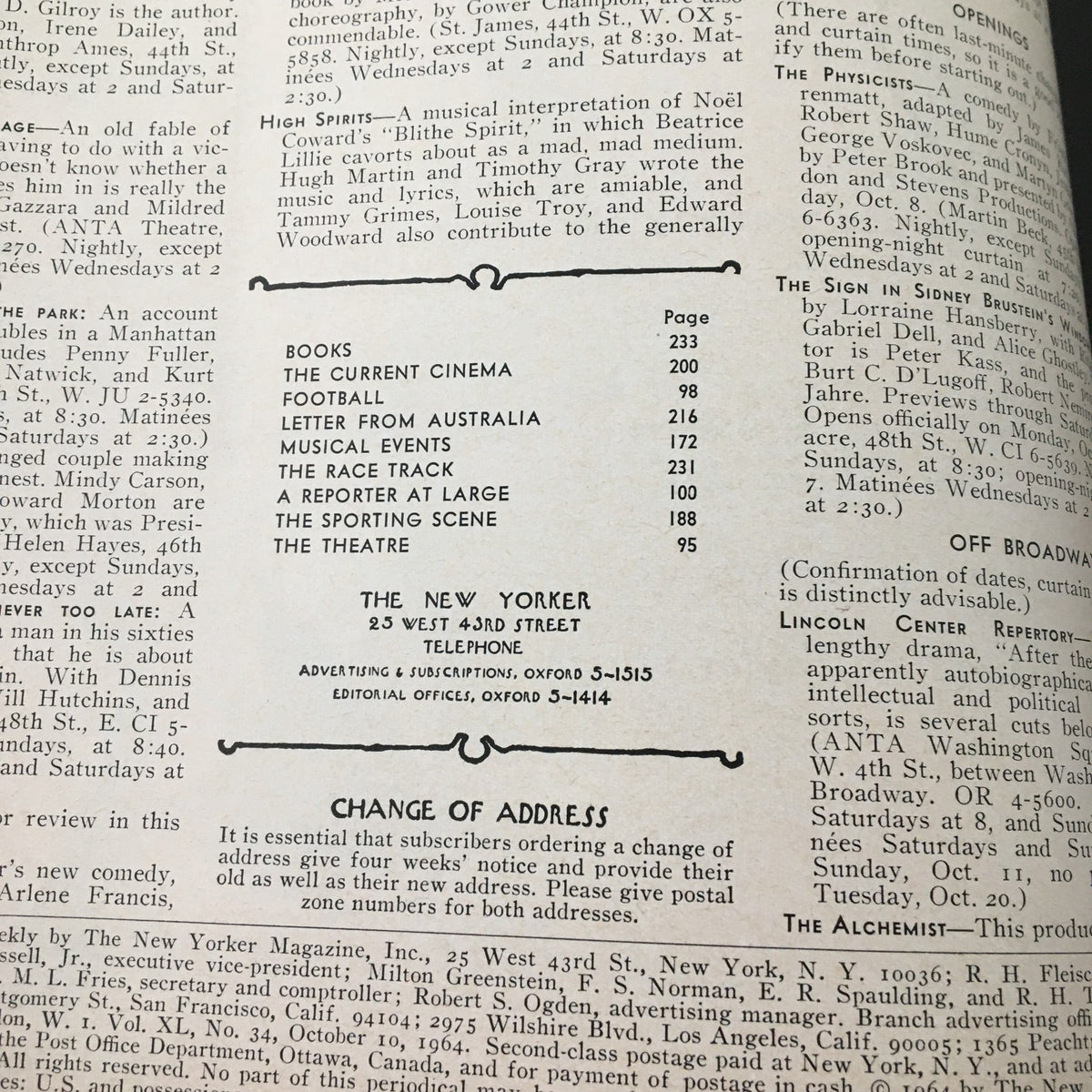 Table of contents from The New Yorker Magazine October 10, 1964, listing sections such as books, cinema, football, and theatre, reflecting the cultural landscape of the 1960s.