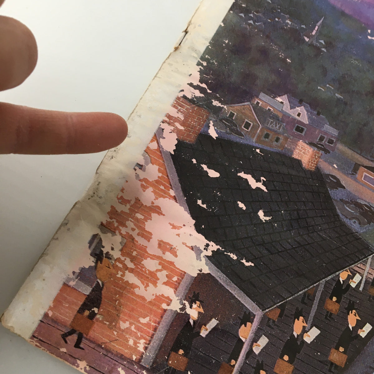Close-up of The New Yorker Magazine cover, September 19, 1964, emphasizing the wear and tear on the edges, depicting a scene with people reading.
