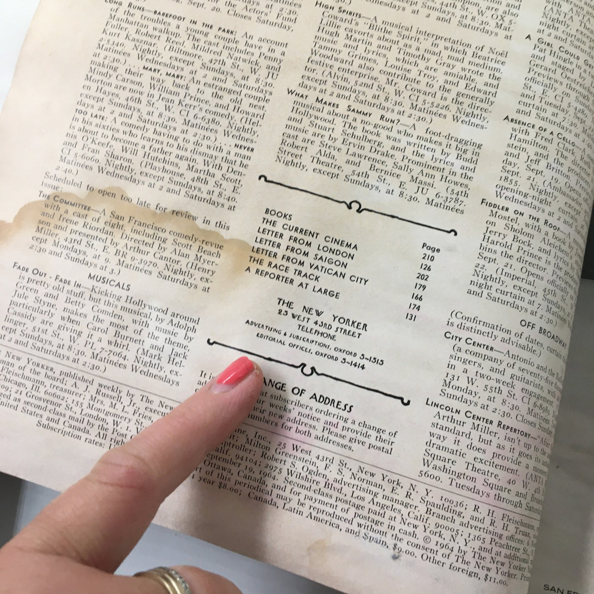 A page from The New Yorker Magazine, September 19, 1964, displaying the publication information and an article about current trends, with visible water damage.