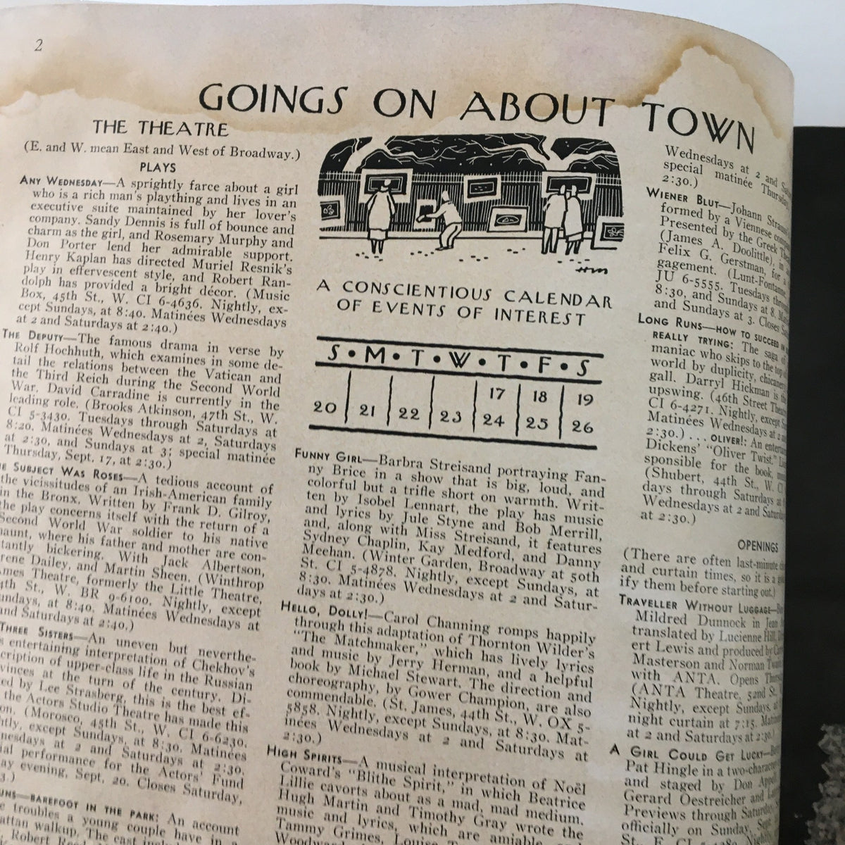 An article page from The New Yorker Magazine September 19, 1964, titled 'Goings on About Town' featuring listings of theatrical performances, showing age-related wear.