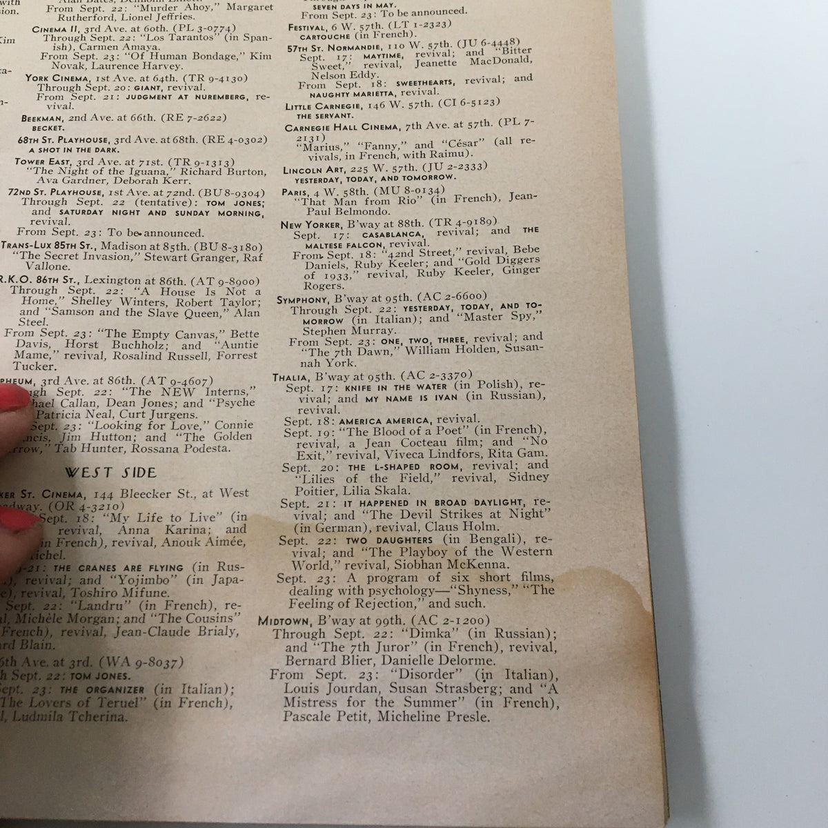 Another article page from The New Yorker Magazine September 19, 1964, detailing events and performances, with visible signs of aging and water damage.