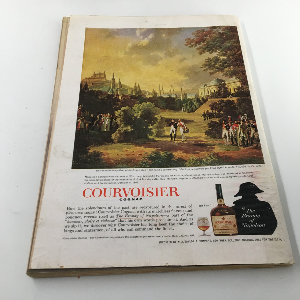 The back cover of The New Yorker Magazine September 19, 1964, showcasing a Courvoisier cognac advertisement with an artistic depiction of Napoleon, exhibiting wear and aging.