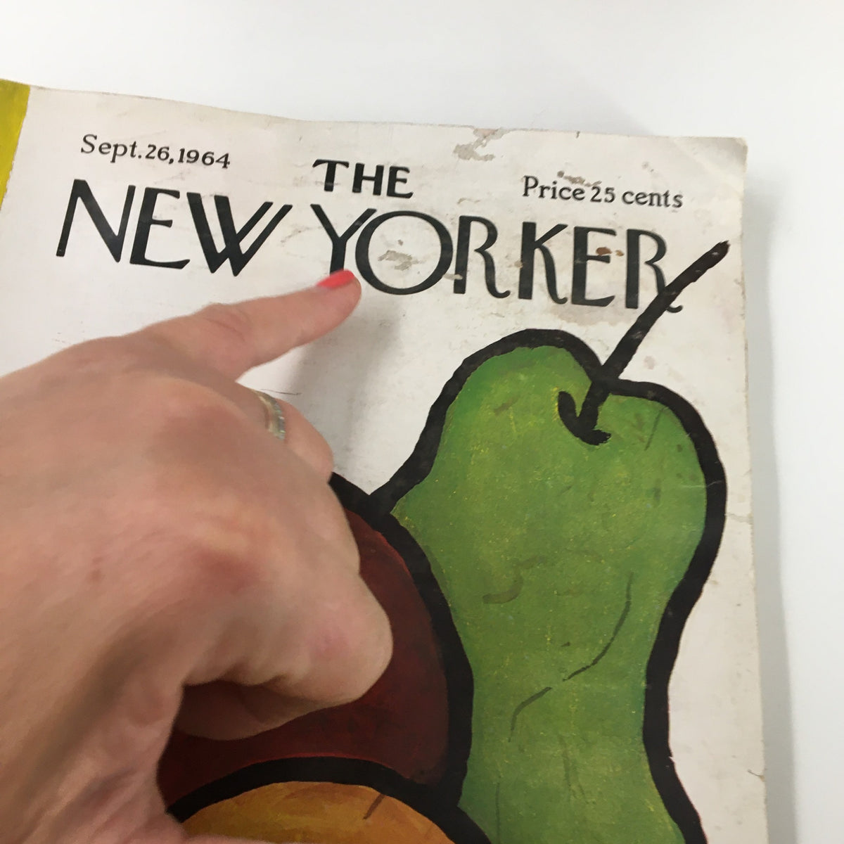 Close-up view of The New Yorker Magazine September 26, 1964 cover highlighting the title 'THE NEW YORKER' and details of the apple and pear artwork.