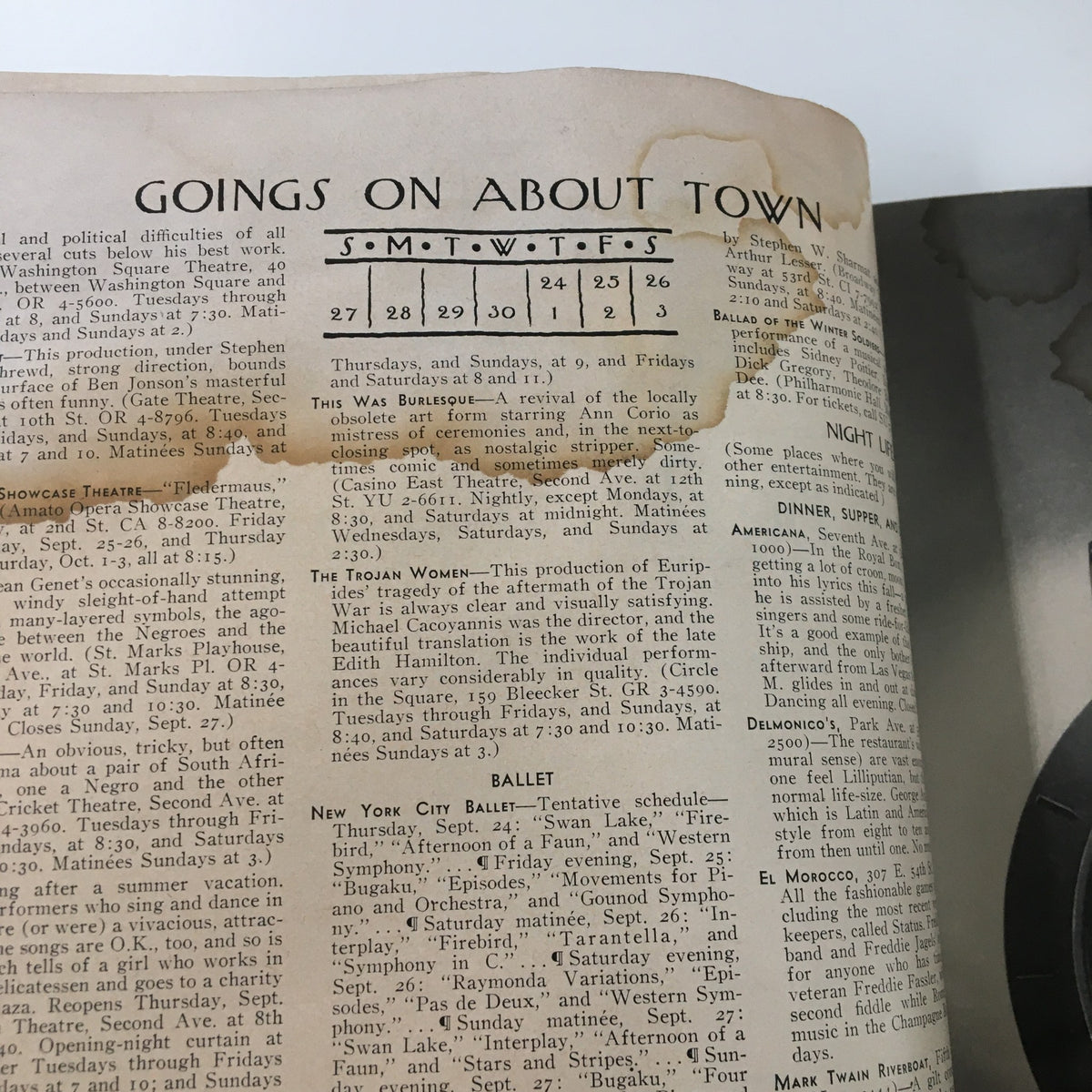 Another Goings on About Town section showcasing theatrical events, art and culture listings, from The New Yorker Magazine September 26, 1964.