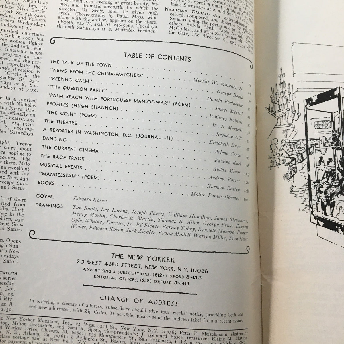 Table of contents from The New Yorker Magazine January 17 1977 highlighting the article 'The Current Cinema' by Edward Koren.