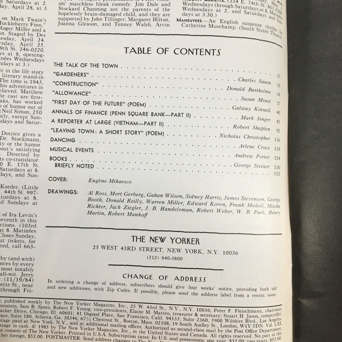 Table of Contents from The New Yorker Magazine, April 29, 1985, highlighting articles and illustrations featured in the issue.