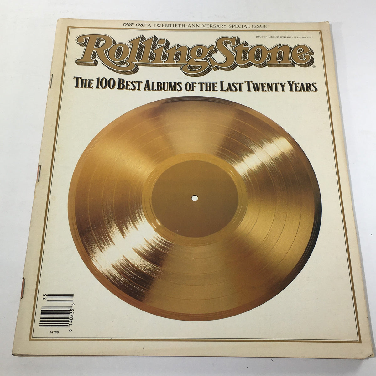 VTG Rolling Stone magazine cover from August 27, 1987, featuring 'The 100 Best Albums of the Last Twenty Years' with a golden vinyl record design, commemorating the 20th Anniversary.