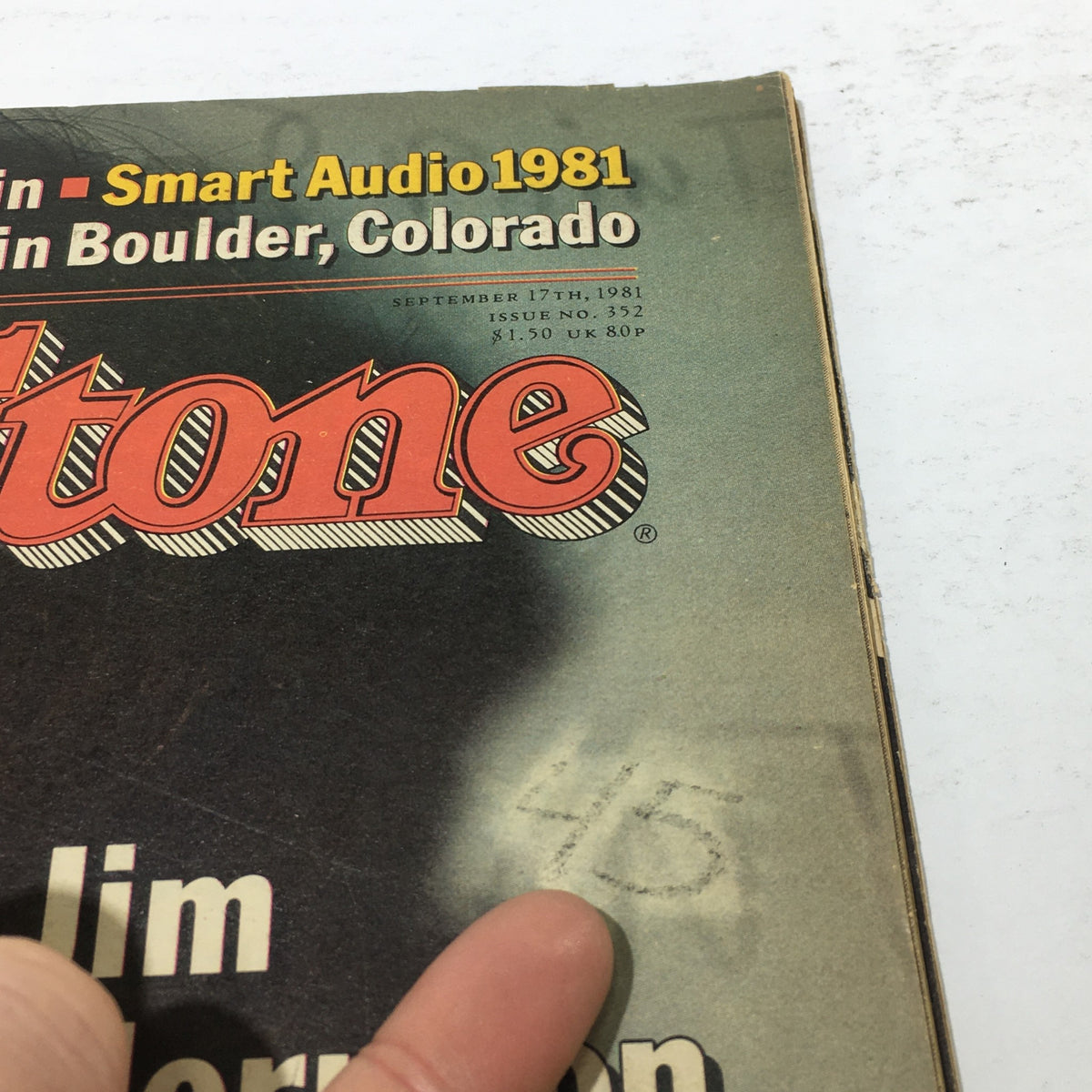The top part of the VTG Rolling Stone magazine from September 17, 1981, showcasing the issue number and a price tag. The cover includes the name 'Rolling Stone' and a featured mention of Jim Morrison, further emphasizing his prominent presence in the magazine.
