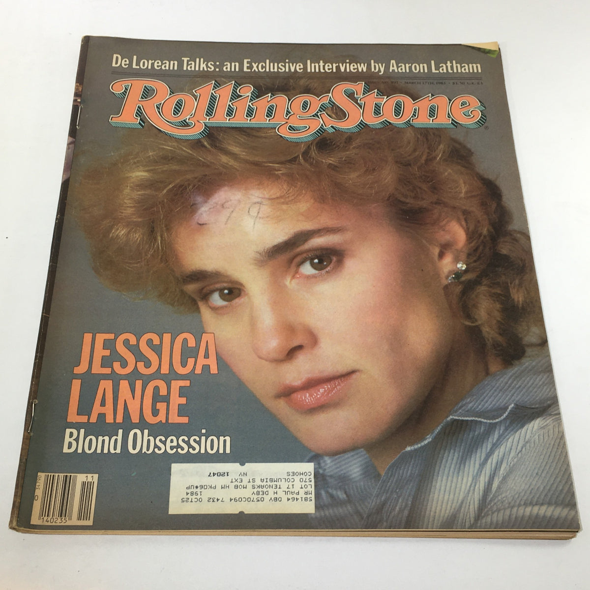 Vintage Rolling Stone magazine cover from March 17, 1983, featuring Jessica Lange with the title 'Blond Obsession'. This iconic issue showcases the actress during her rise to fame in the early 80s.