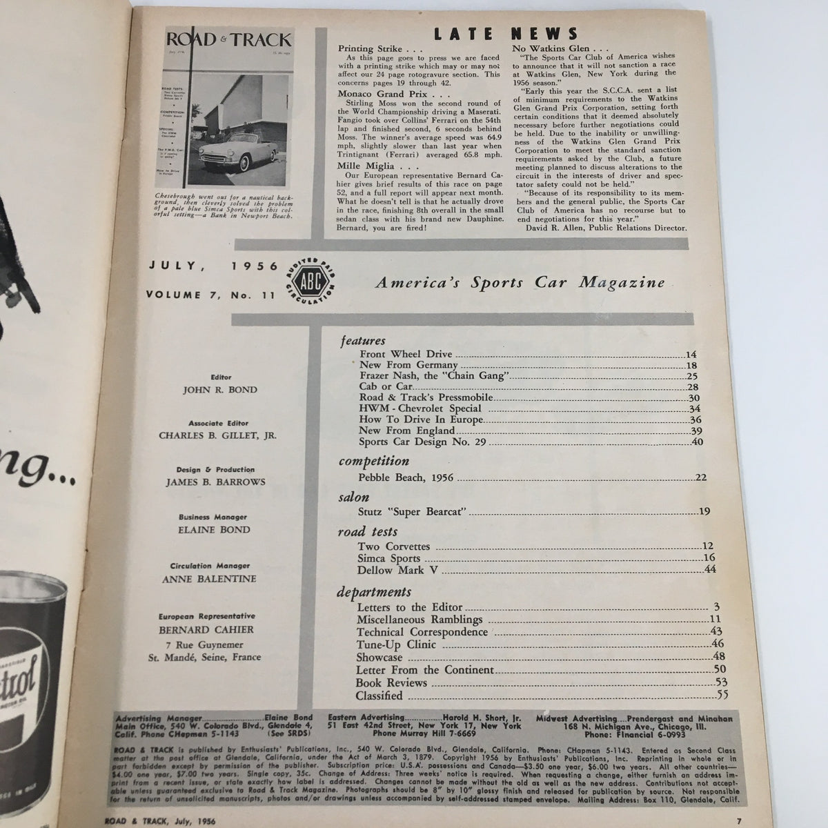 Inside page of VTG Road & Track Magazine July 1956 displaying late news and a table of contents with various automotive features.