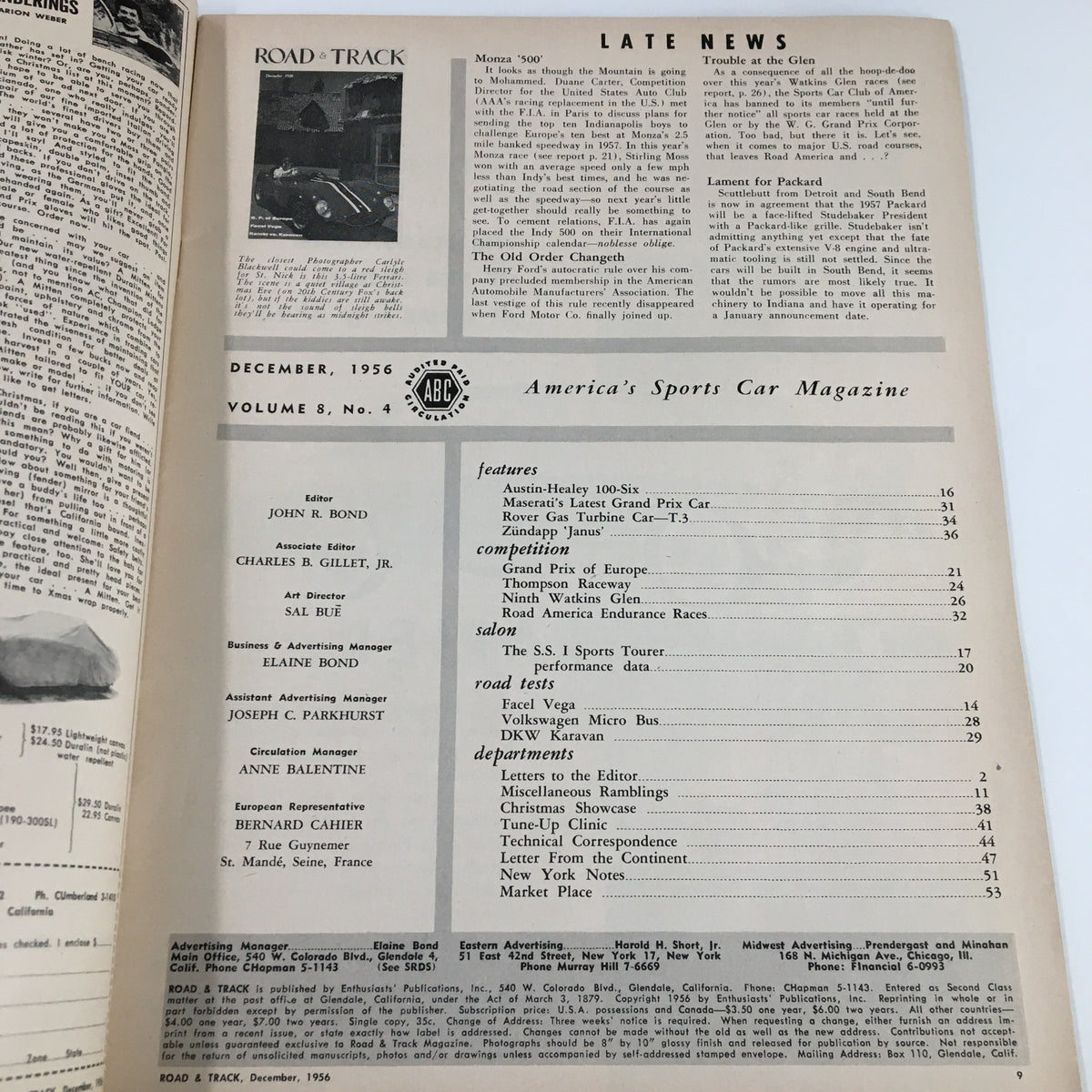 Inside page of VTG Road & Track Magazine December 1956 displaying the contents and features of the issue, highlighting Facel Vega and Karavan.