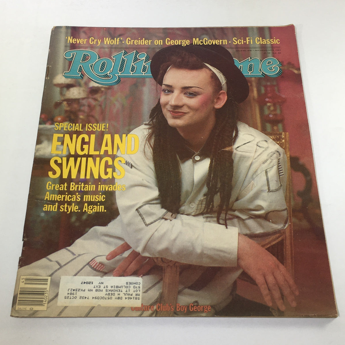Cover of Vintage Rolling Stone Magazine: November 10, 1983 featuring Boy George from Culture Club with the title 'England Swings' highlighting Great Britain's impact on American music and style.