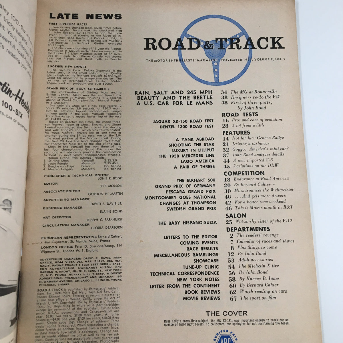 Interior page of VTG Road & Track Magazine November 1957 showcasing various articles and features, including a road test of the Jaguar XK-150.