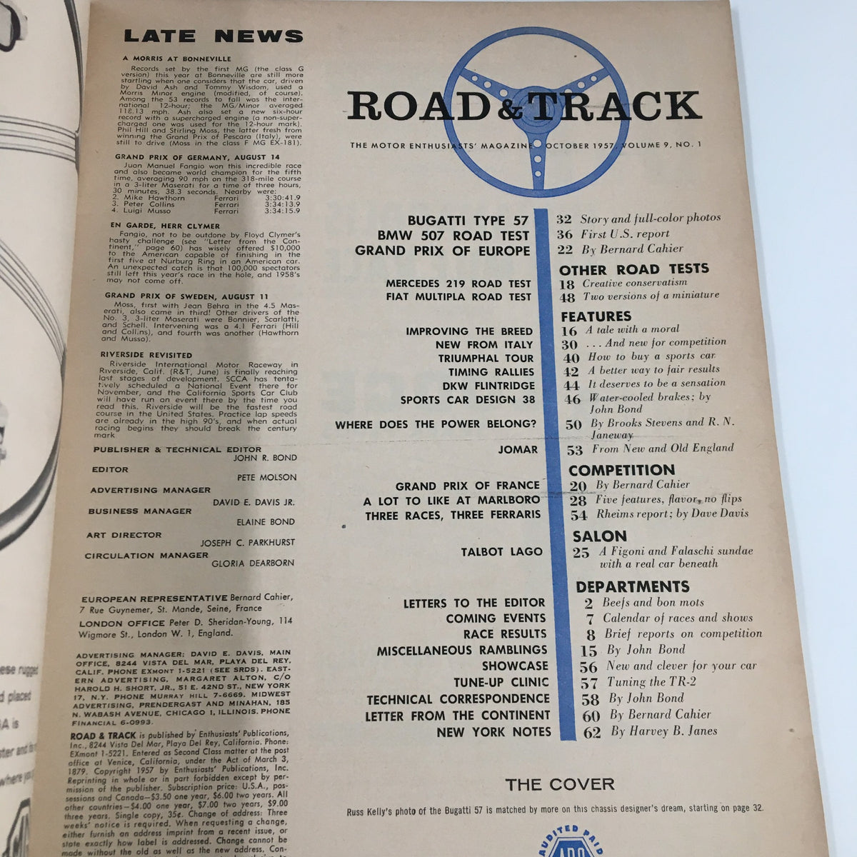 Inside page of the vintage Road & Track Magazine from October 1957, detailing the contents, including the Mercedes 219 road test.