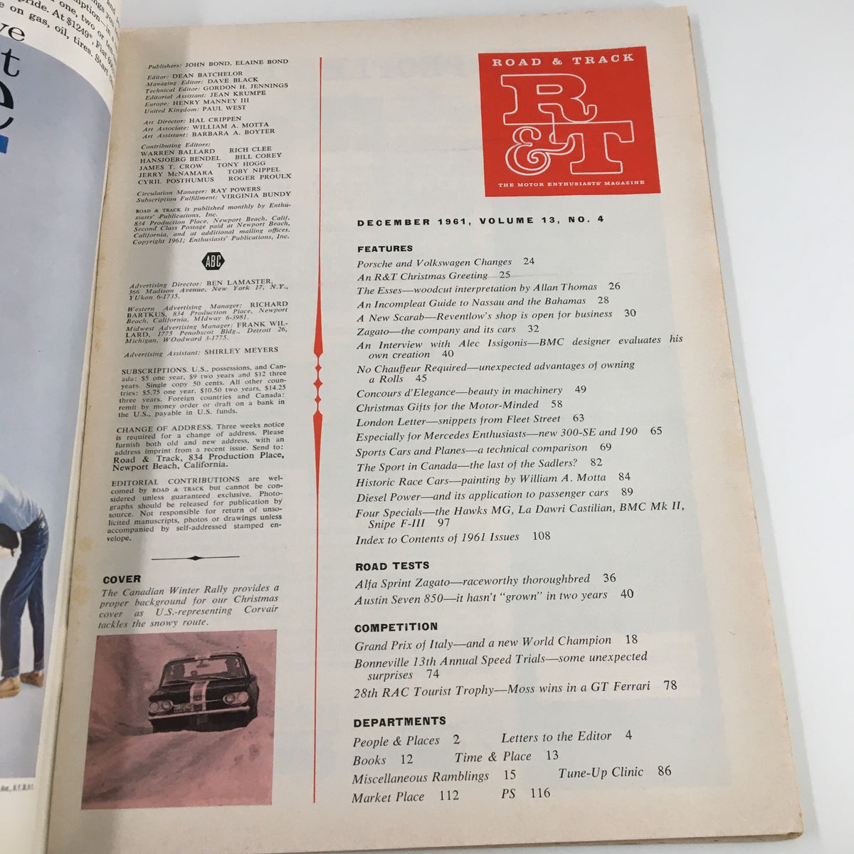 Interior page from VTG Road & Track Magazine December 1961, featuring the contents list and article titles focused on Porsche, Volkswagen, and automotive history.