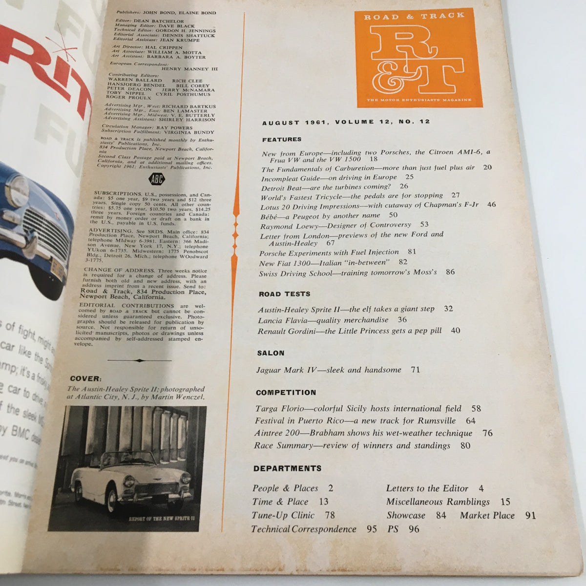 Vintage Road & Track Magazine August 1961 cover page showcasing features on the new Austin-Healey Sprite II, with detailed contents listed, perfect for collectors and automotive enthusiasts.