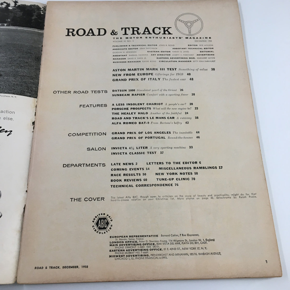 Inside page of the December 1958 issue of Road & Track magazine, displaying the contents and features including the Aston Martin Mark III test and the Grand Prix of Los Angeles. Highlights the magazine's focus on vintage automobile culture.