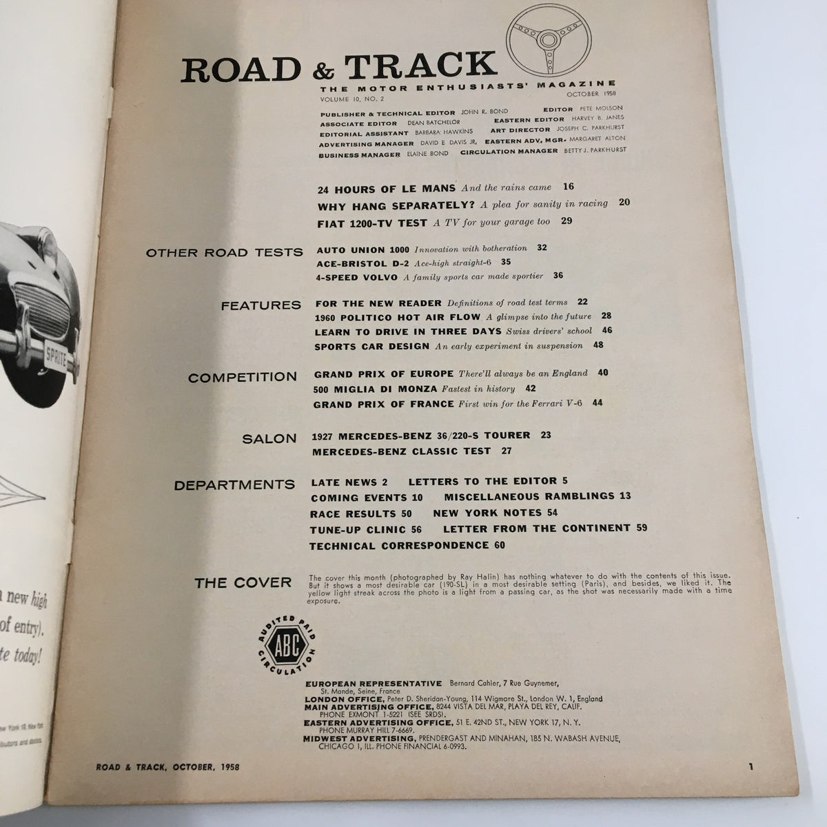 Inside page of VTG Road & Track Magazine October 1958, listing articles and features including '24 Hours of Le Mans' and 'Auto Union 1000'.