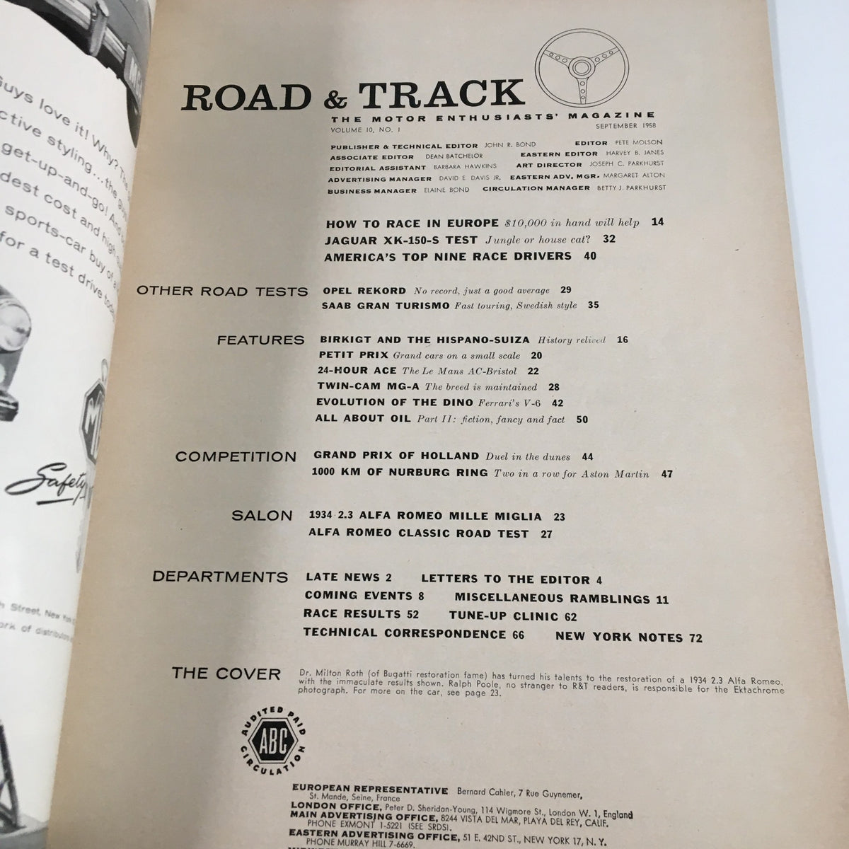 Table of contents page from VTG Road & Track Magazine, September 1958, detailing articles on Jaguar XK-150-S test, Opel tests, and various automotive features.