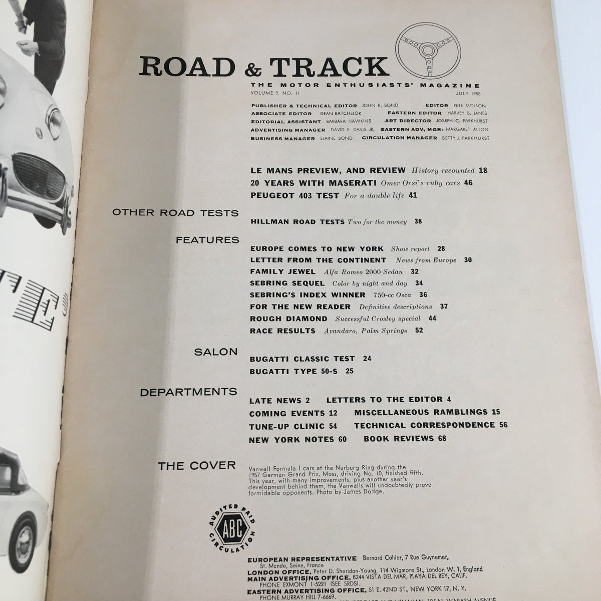 Interior page of VTG Road & Track Magazine July 1958 displaying article features including Le Mans preview, Peugeot 403 test, and Hillman road tests.