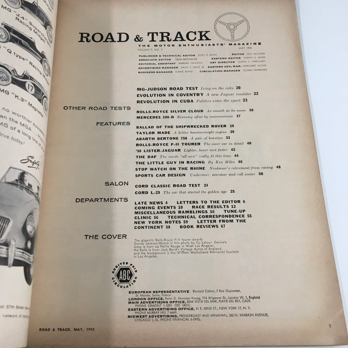 Interior page of VTG Road & Track Magazine May 1958 featuring table of contents with articles including Rolls-Royce P-II, MG-Judson Road Test, and more.