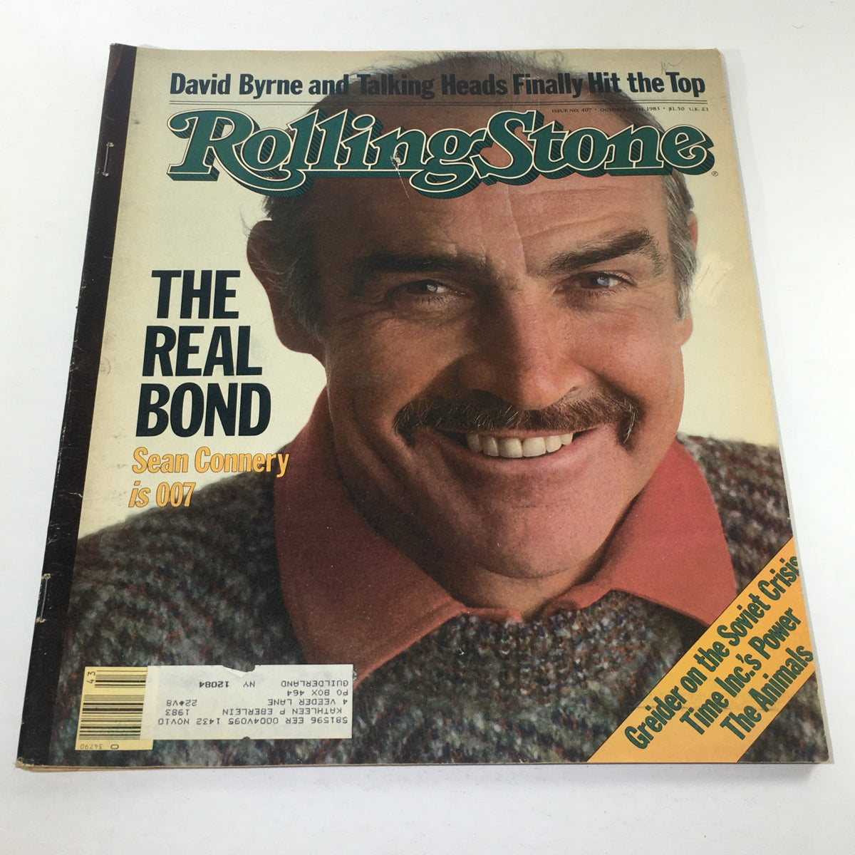 VTG Rolling Stone cover from October 27, 1983 featuring Sean Connery as The Real Bond 007 with a close-up smile and mustache.