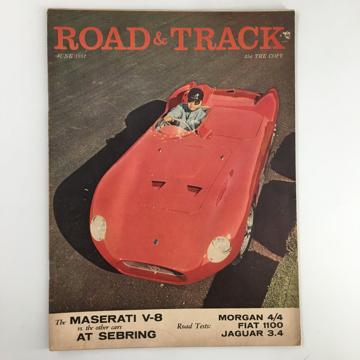 Cover of VTG Road & Track Magazine June 1957 featuring the Maserati V-8 and the tagline 'The Maserati V-8 vs The Other Cars at Sebring'.