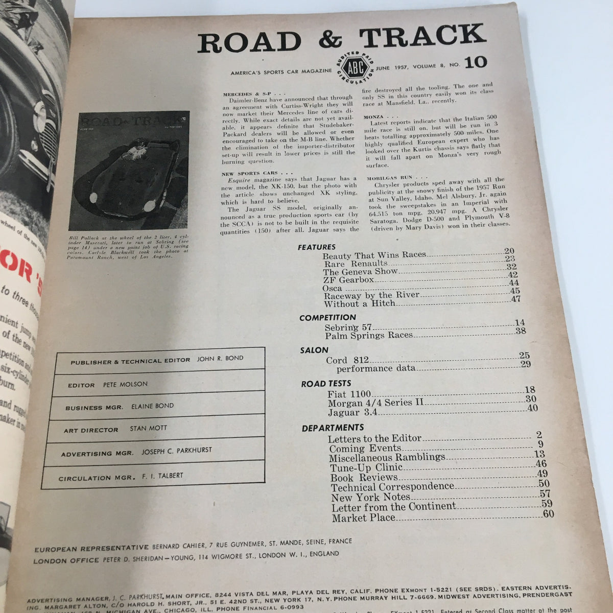Interior page of VTG Road & Track Magazine June 1957 showcasing the contents and features of the issue with focus on the Maserati V-8.