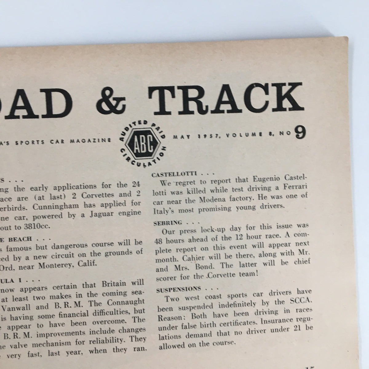 Vintage Road & Track Magazine May 1957 Don Schoenert's Aston Martin No Label