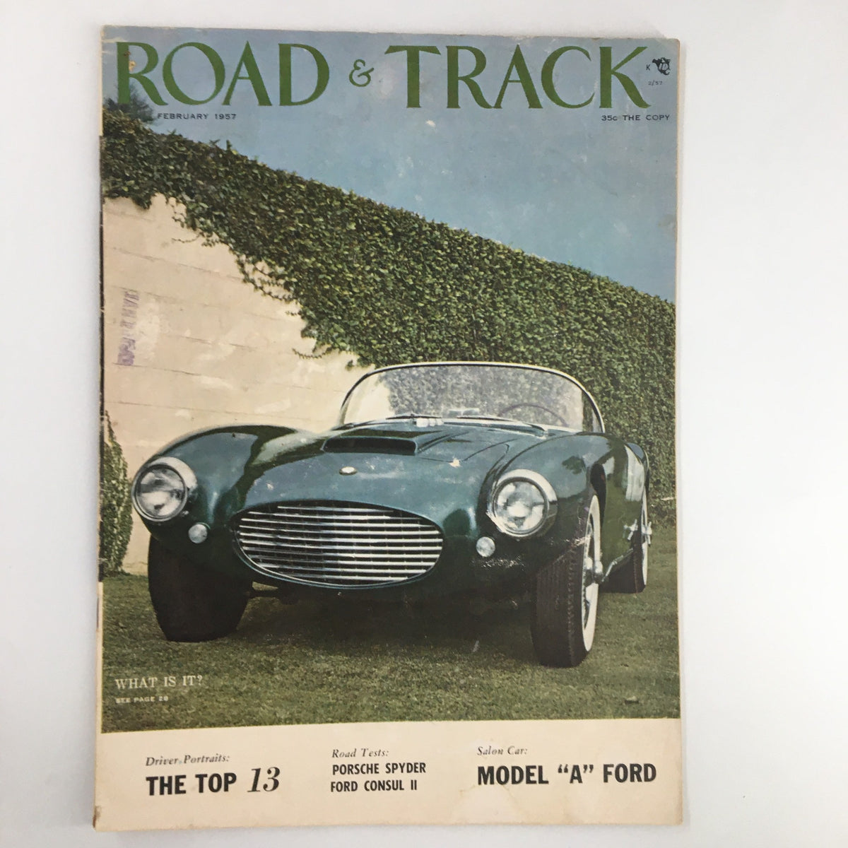 Cover of VTG Road & Track Magazine February 1957 featuring a Salon Car Model 'A' Ford, showcasing its classic design against a green background.