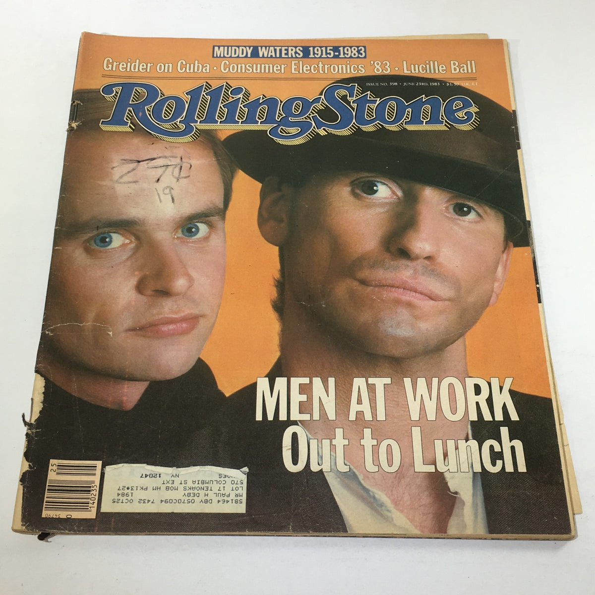 Vintage Rolling Stone Magazine cover from June 23, 1983 featuring Men At Work, showcasing the band with significant wear and tear indicative of its age.