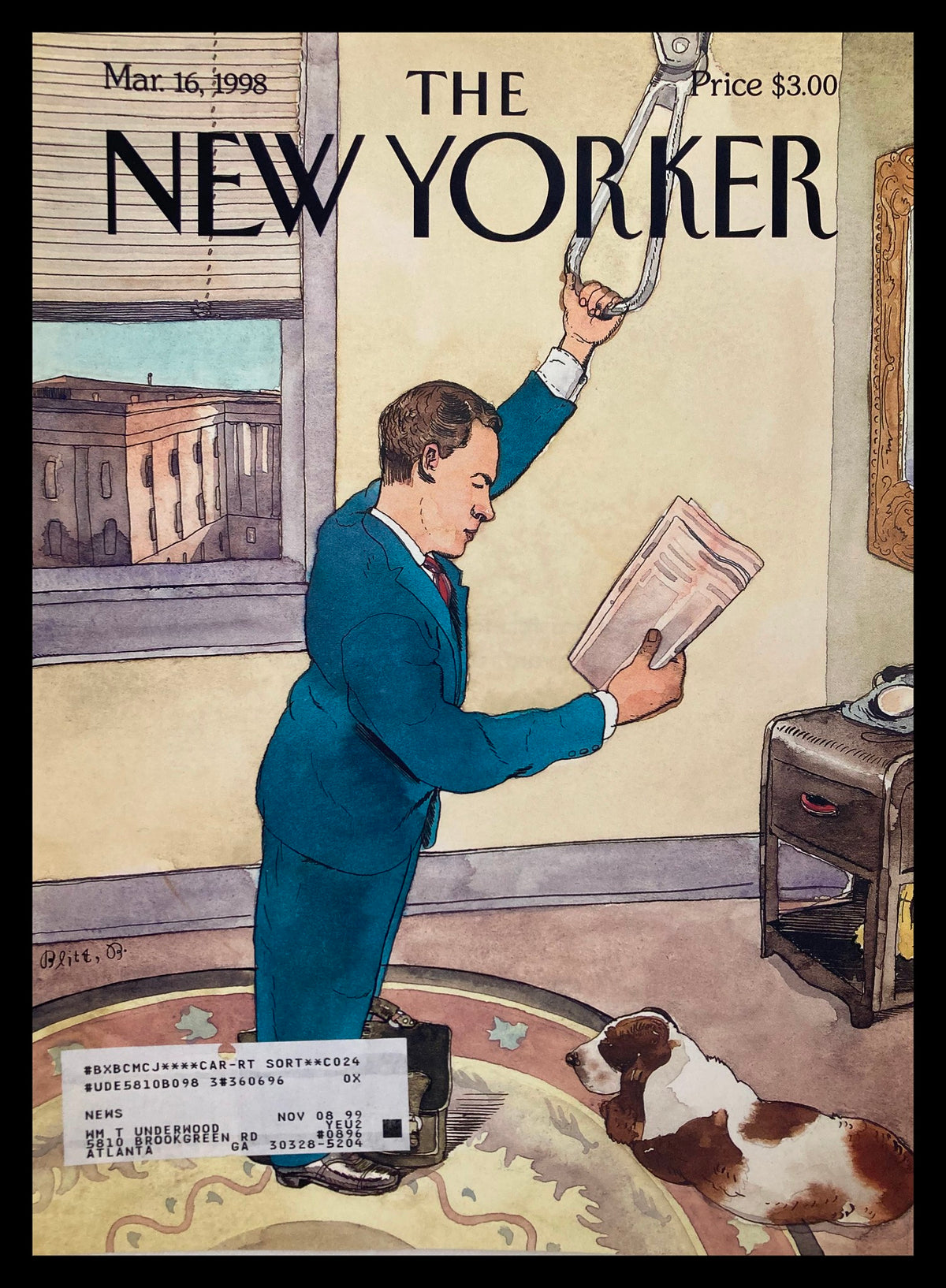 Cover of The New Yorker dated March 16, 1998, illustrated by Barry Blitt, featuring a man in a blue suit reading a newspaper with a dog lying nearby.