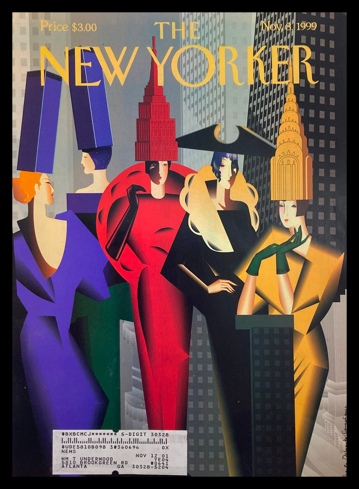 Cover of The New Yorker dated November 8, 1999, featuring high fashion illustration by Danuta Dabrowska, showcasing elegantly dressed models in vibrant colors against a city skyline.