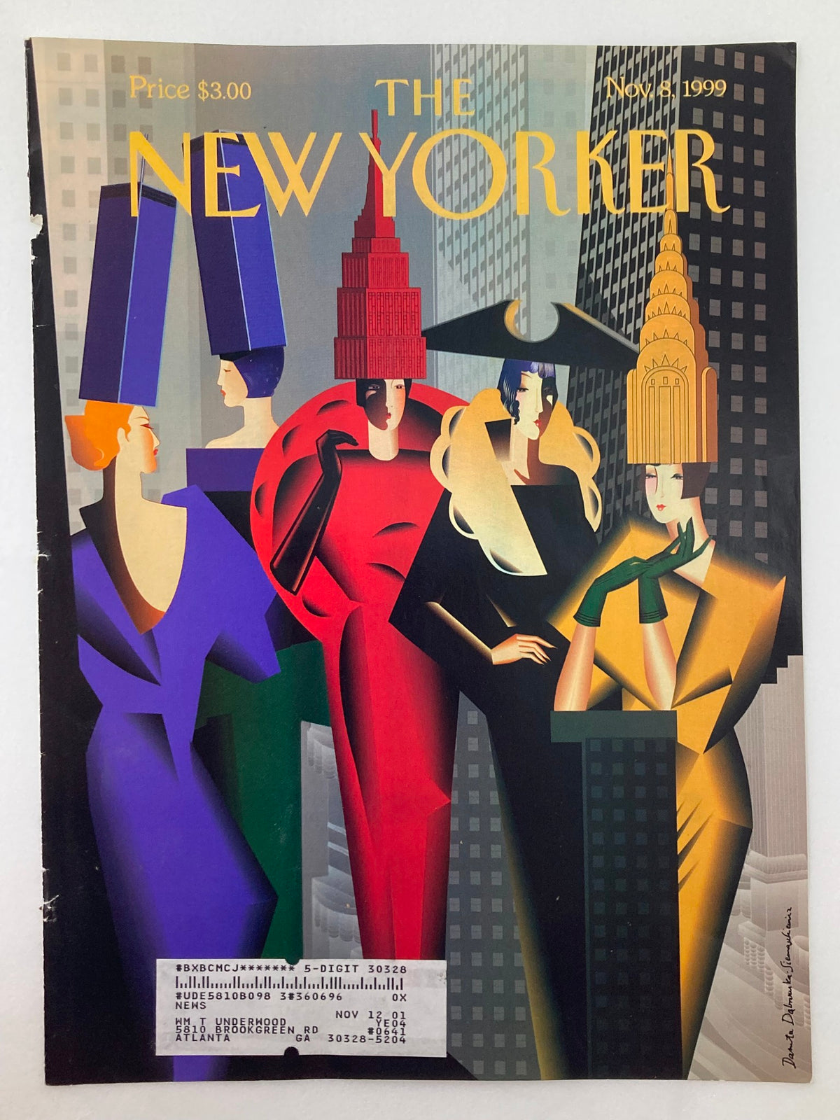 Cover of The New Yorker dated November 8, 1999, designed by Danuta Dabrowska, depicting models in striking high fashion outfits with a backdrop of skyscrapers.