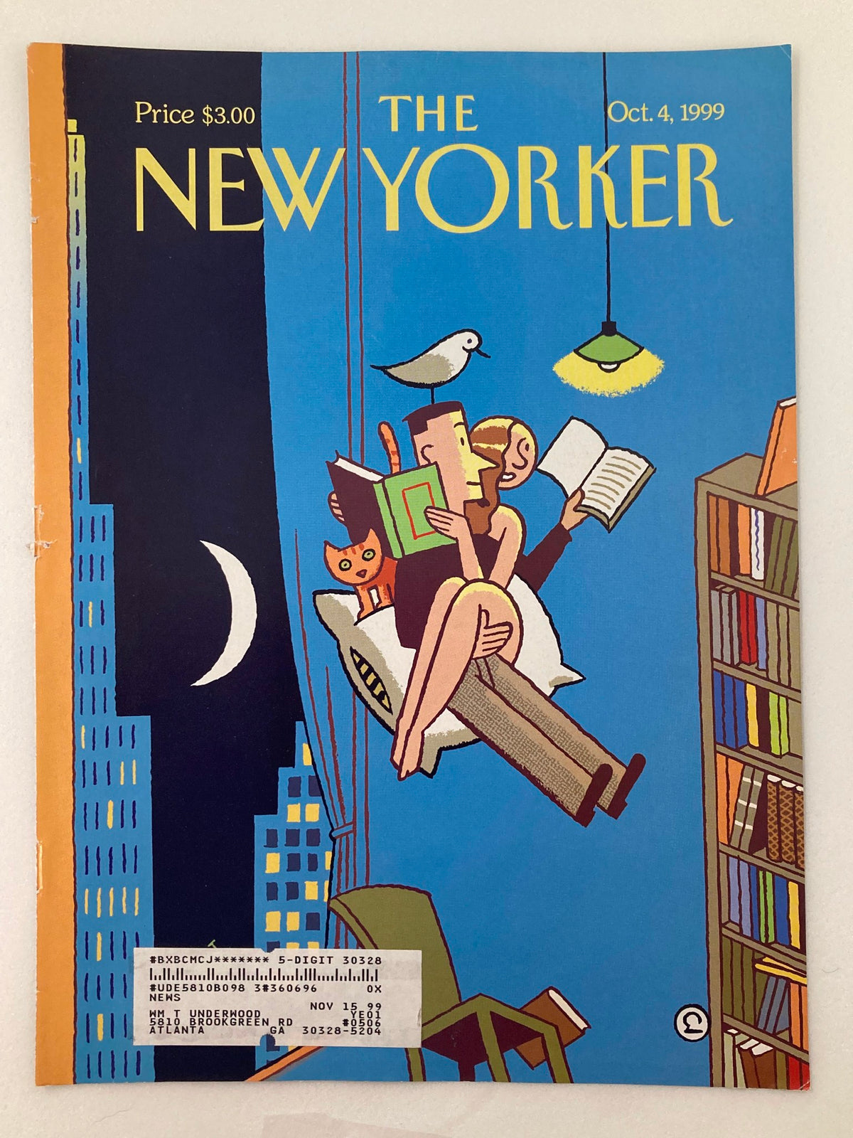Front cover of The New Yorker dated October 4, 1999, showcasing a colorful artwork of a couple enjoying books, with elements of city life in the background.