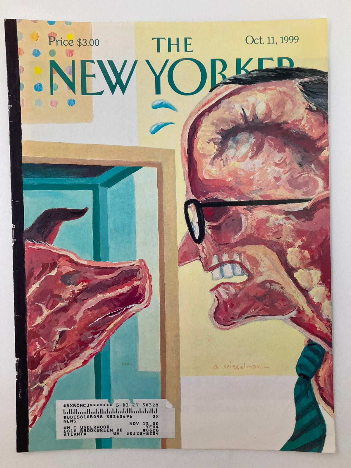 Cover of The New Yorker dated October 11, 1999, titled 'Open-Minded Mayor' illustrated by Art Spiegelman, showcasing a tense interaction between a man and a dog, reflecting bold artistic style.