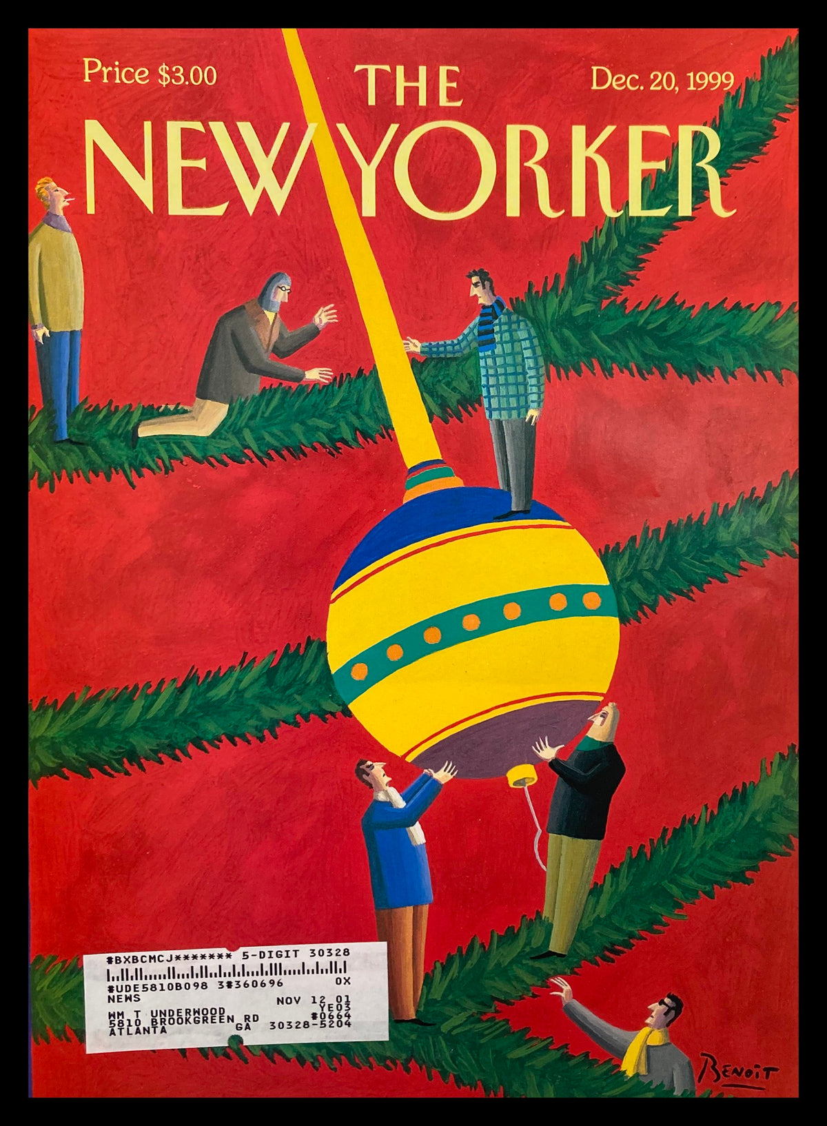Cover of The New Yorker dated December 20, 1999 featuring an installation by Benoit van Innis, depicting people decorating a Christmas ornament against a vibrant red background.