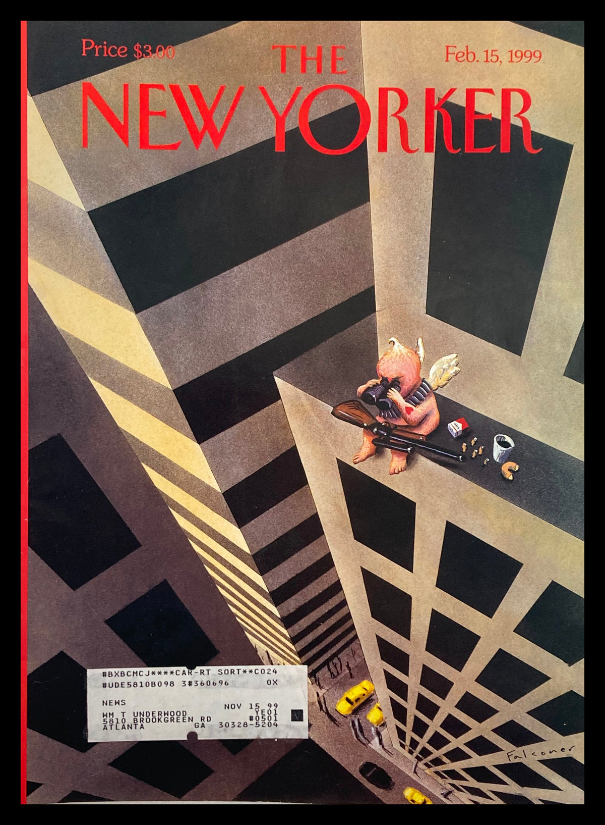 Cover of The New Yorker February 15, 1999 featuring "Heart Attack" by Ian Falconer. The artwork depicts a whimsical character sitting on a ledge of a high-rise building, surrounded by urban elements, embodying humor and creativity.