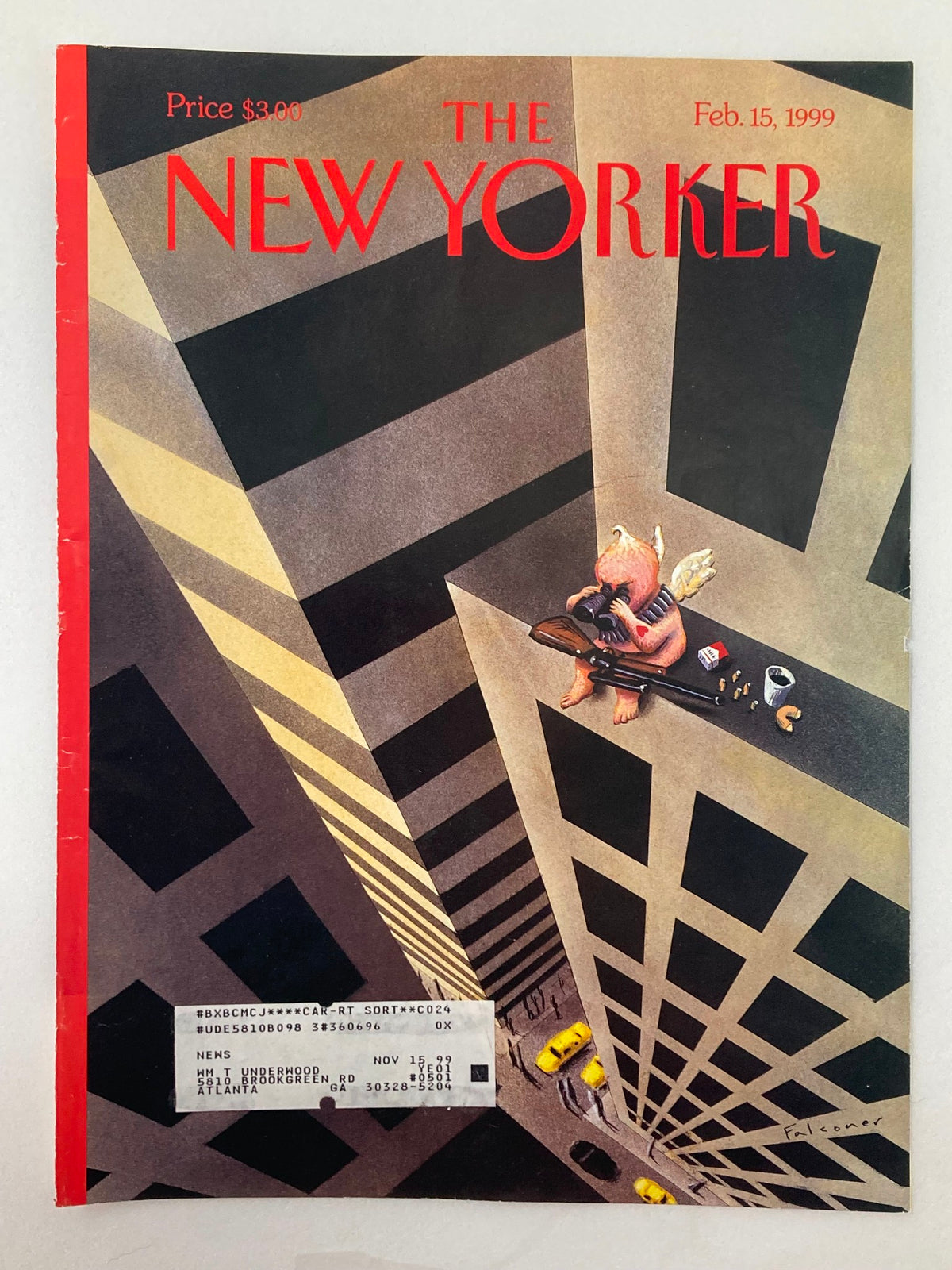 Cover of The New Yorker February 15, 1999 showing the artwork "Heart Attack" by Ian Falconer. This intriguing design highlights a playful character atop a city building, reflecting the magazine's unique artistic expression.