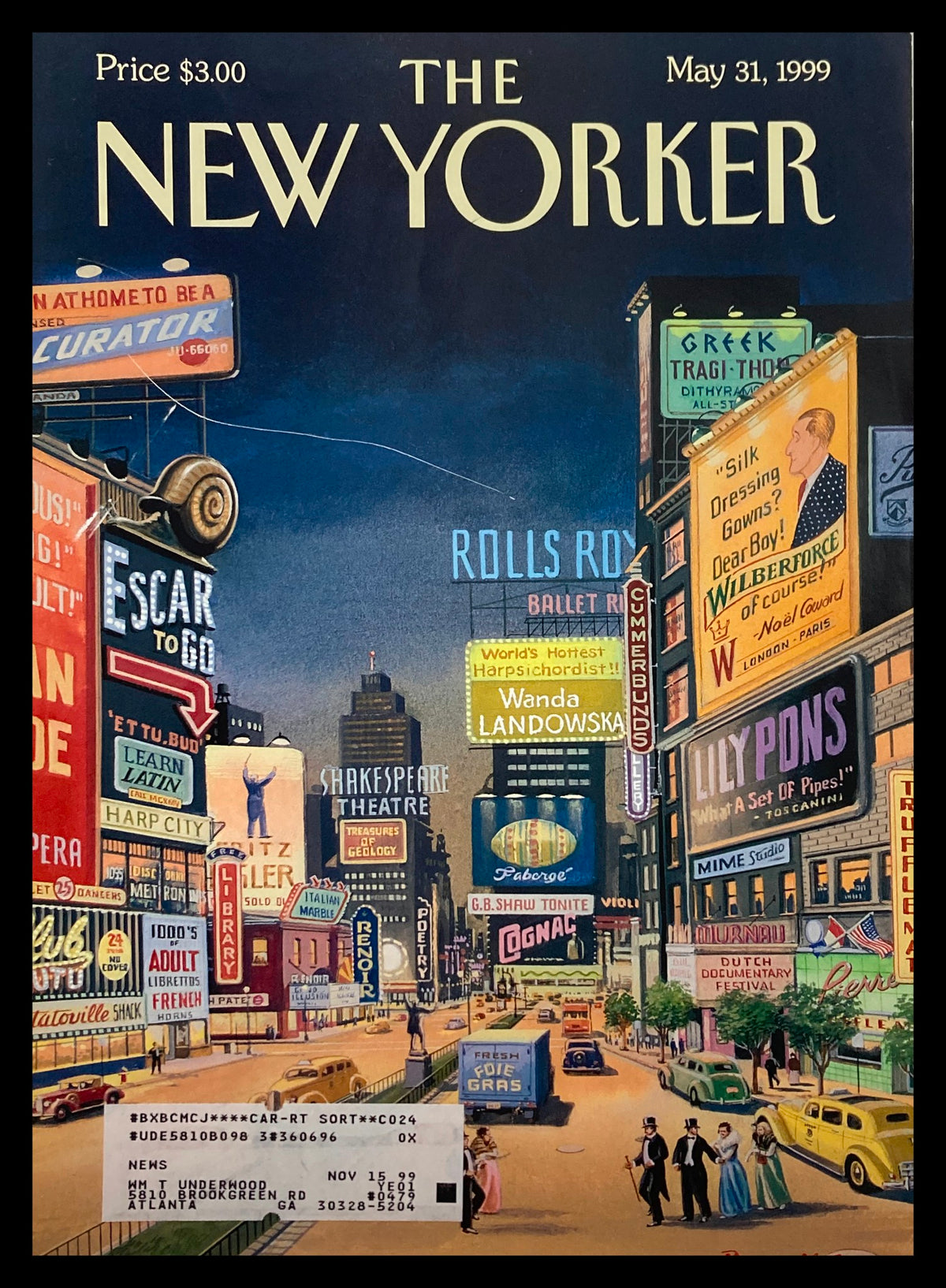 Cover of The New Yorker dated May 31, 1999, titled 'Lose Times Square' by Bruce McCall, featuring a vibrant illustration of Times Square with various classic advertisements and the iconic cityscape during the late 90s.