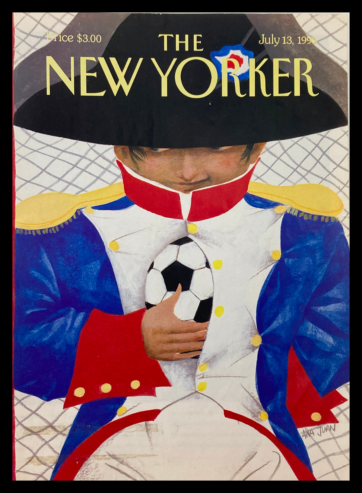 Cover of The New Yorker July 13 1998 featuring 'Coupe de Monde' by Ana Juan, depicting a child in a historic uniform holding a soccer ball.