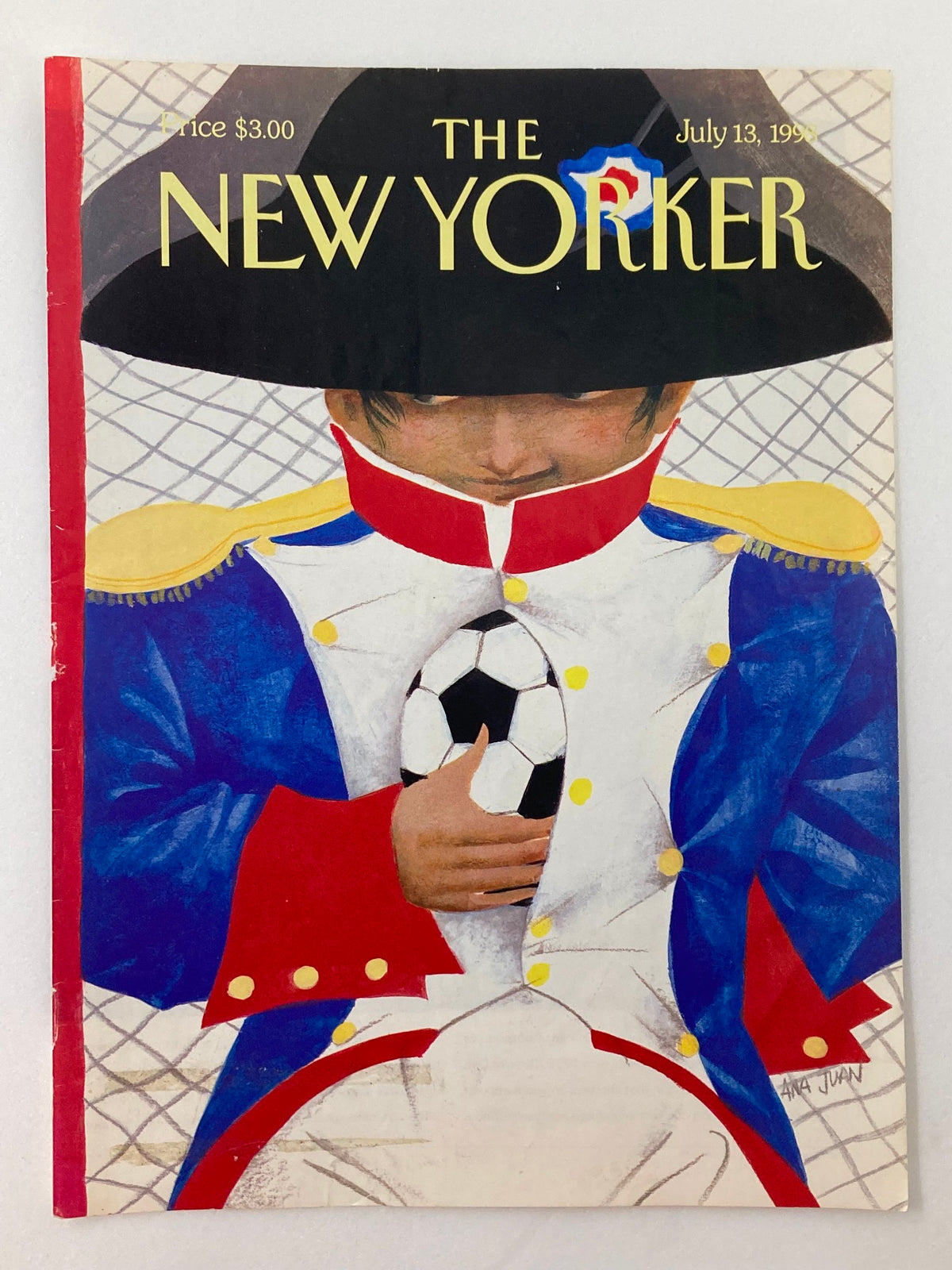 Cover of The New Yorker July 13 1998 showcasing 'Coupe de Monde' artwork by Ana Juan, illustrating a child in a bicorne hat with a soccer ball.